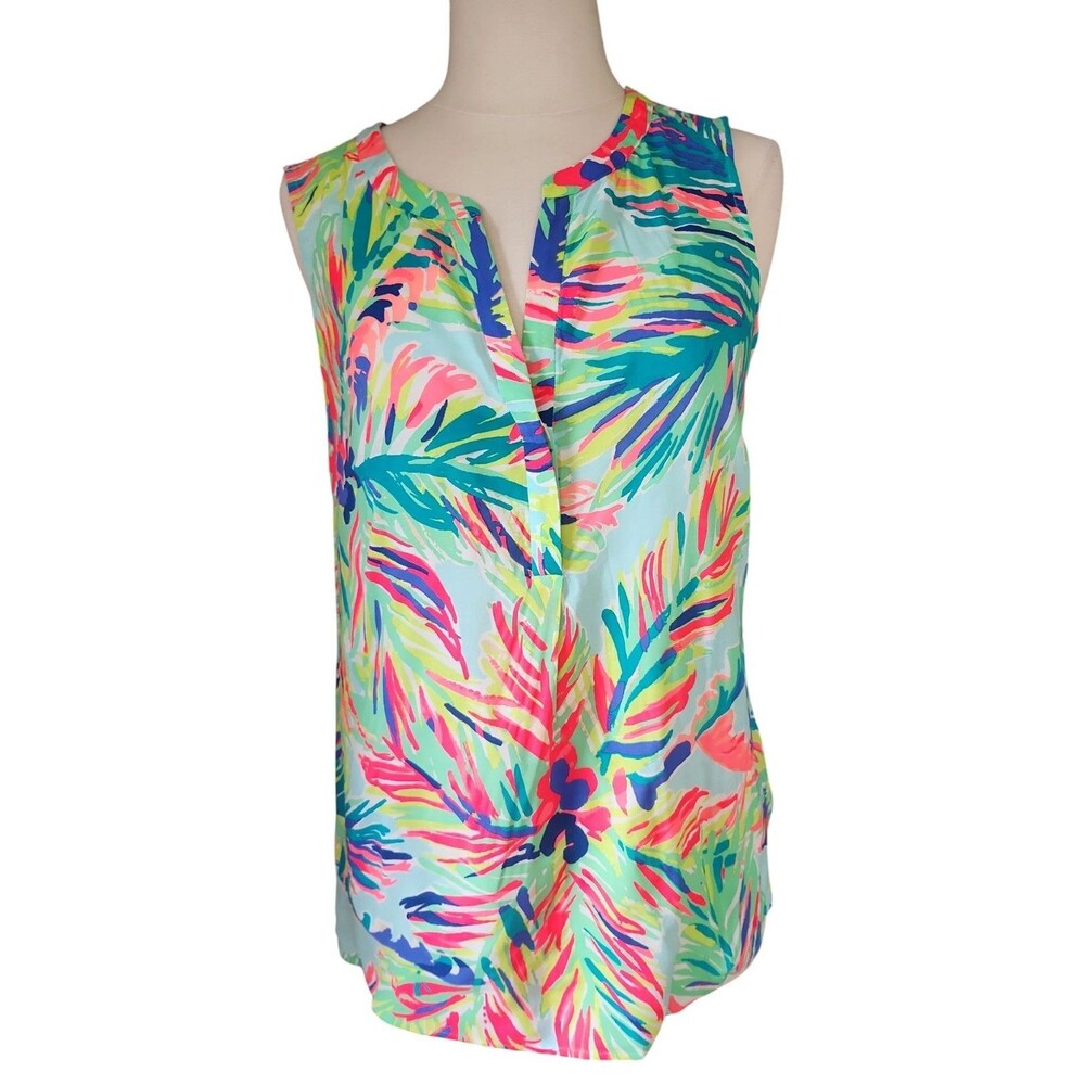 Lilly Pulitzer Stacy Blouse Womens Medium Vacation Neon Paradise Print Turquoise